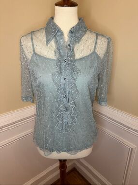 CHANEL Vintage Light Blue Sheer Ruffle Front Knit Blouse
